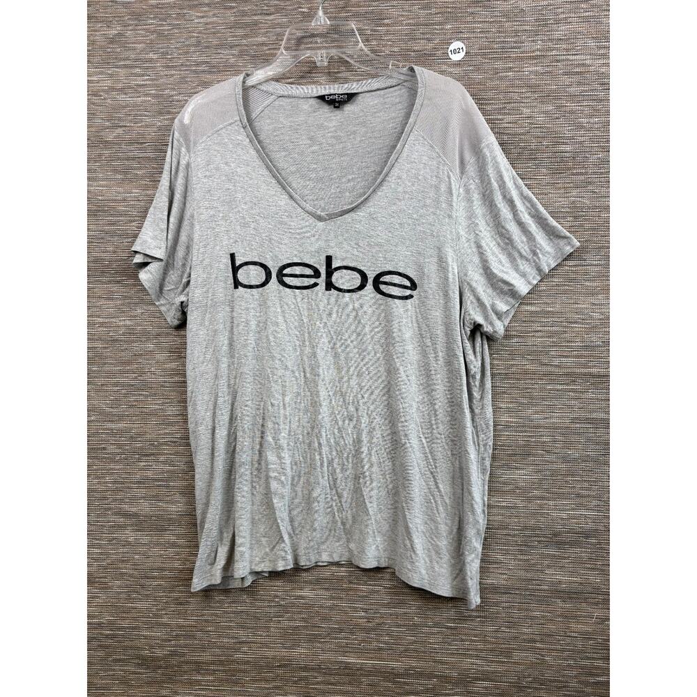 bebe Sport Scoop V-Neck Logo Top Womens Size 3X Gray Heather Short Sleeve